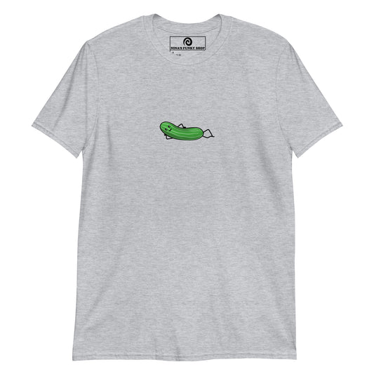 Gray Pickles T-shirt for Foodies - Love pickles? Looking for a unique graphic tee for your favorite pickle enthusiast? Our Lounging Pickle Design T-shirt is just what you need. It's a soft and comfortable shirt with a hand drawn design of a happy pickle, expertly printed on the front. Stand out in this pickle lover t-shirt. It's the perfect funky tee for the pickle friend and a quirky tee for everyday. 