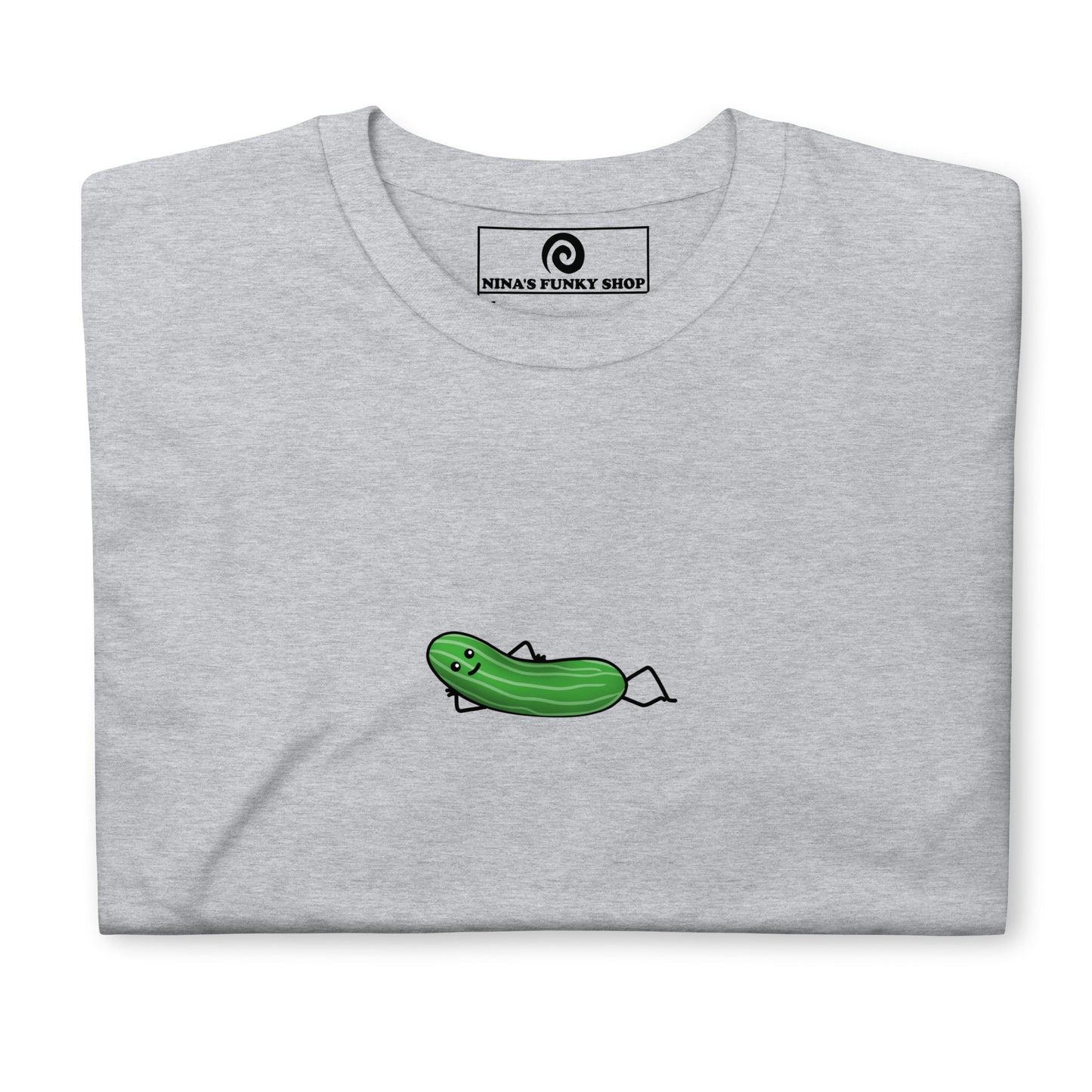 Gray Pickle Design Pickles T-shirt for Foodies - Love pickles? Looking for a unique graphic tee for your favorite pickle enthusiast? Our Lounging Pickle Design T-shirt is just what you need. It's a soft and comfortable shirt with a hand drawn design of a happy pickle, expertly printed on the front. Stand out in this pickle lover t-shirt. It's the perfect funky tee for the pickle friend and a quirky tee for everyday.