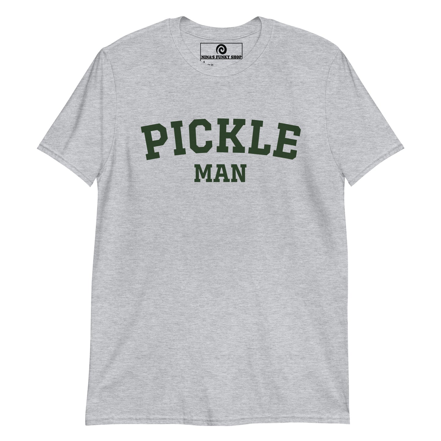 Light Gray Pickle Man T-shirt - Crazy for pickles? Looking for a funny gift for the pickle friend? Our Pickle Man T-shirt is just what you need. It's a soft and comfortable shirt with "Pickle Man", expertly printed on the front. It's the perfect varsity tee for pickle lovers and foodies of all kinds. Celebrate your favorite foods in our funky foodie clothing, designed by Nina and made just for you.