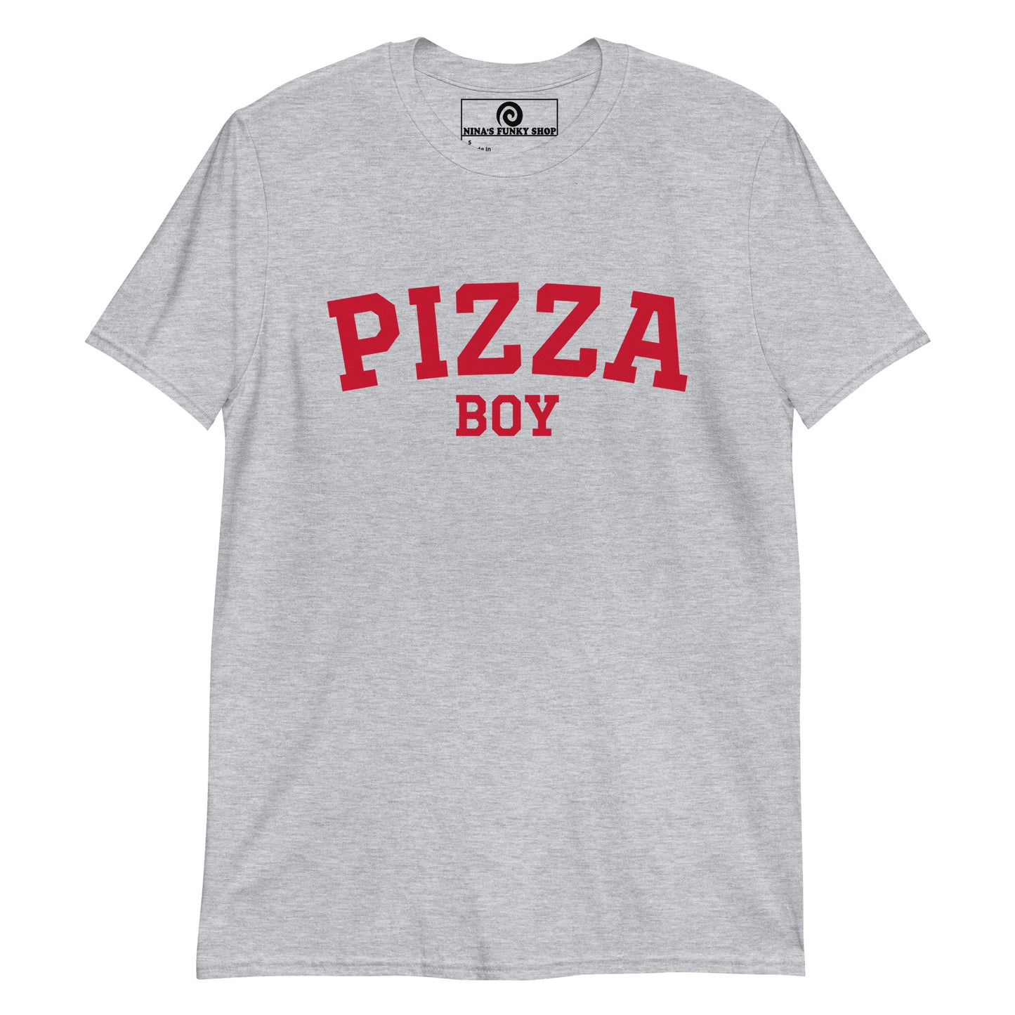 Gray Pizza Boy T-shirt - Crazy for pizza? Looking for a funny gift for a foodie? Our Pizza Boy T-shirt is just what you need. It's a soft and comfortable shirt with "Pizza Boy", expertly printed on the front. A varsity tee for pizza enthusiasts and foodies of all kinds. Celebrate your favorite foods in our funky foodie clothing, designed by Nina and made just for you. 