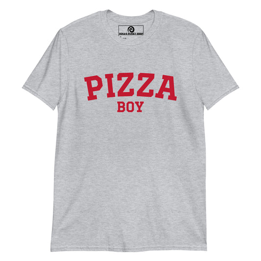 Gray Pizza Boy T-shirt - Crazy for pizza? Looking for a funny gift for a foodie? Our Pizza Boy T-shirt is just what you need. It's a soft and comfortable shirt with "Pizza Boy", expertly printed on the front. A varsity tee for pizza enthusiasts and foodies of all kinds. Celebrate your favorite foods in our funky foodie clothing, designed by Nina and made just for you. 