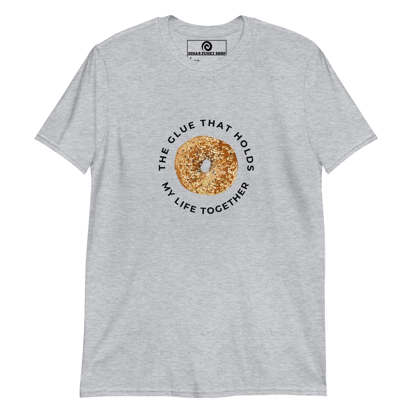 Light Gray Everything Bagel T-Shirt - Our Bagels Are The Glue That Holds My Life Together T-Shirt is soft, comfortable and just what you need! It's a classic cotton tee with a funny everything bagel design, expertly printed on the front. The perfect shirt for bagel lovers and foodies of all kinds. Unique foodie apparel designed by Nina and made just for you.