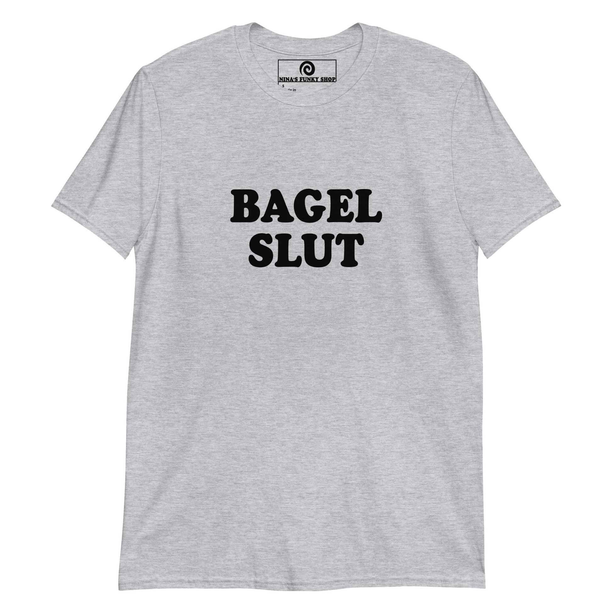 Gray Bagel Slut T-Shirt - Are you a bagel slut? Looking for a funny gift for a bagel enthusiast? This Bagel Slut T-shirt is soft, comfortable and perfect for everyday bagel babes. Eat your favorite bagel in our bagel lover t-shirt designs and funny foodie apparel. Designed by Nina and made just for you.