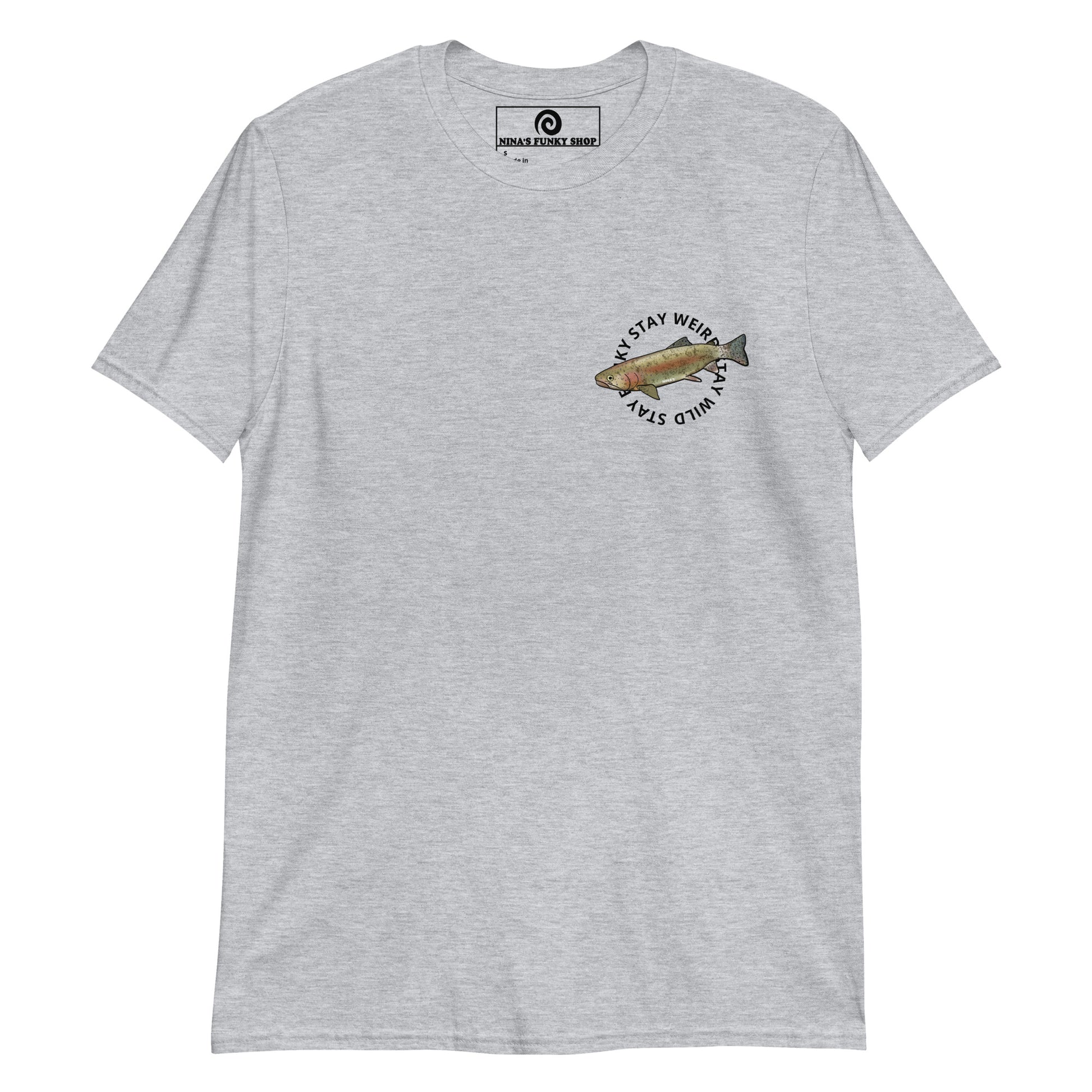 Light Gray Trout T-shirt - This funky t-shirt is soft, comfortable and perfect for everyday streetwear. It has a unique rainbow trout design and the words "stay funky stay weird stay wild", expertly printed on the front. Stand out in our hand drawn graphic tees and funky foodie apparel. Designed by Nina and made just for you.