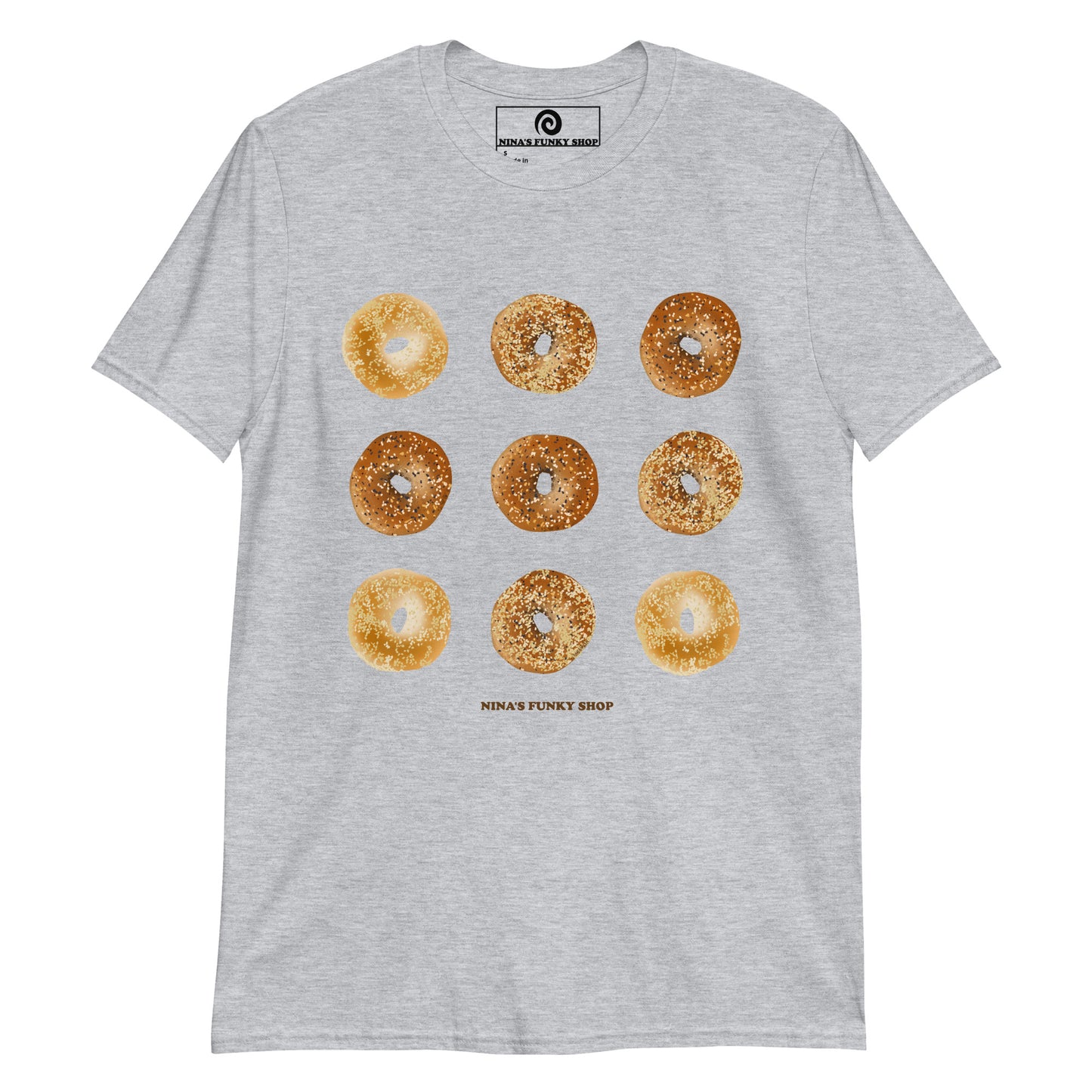 Light Gray Bagel Design T-shirt - Love bagels? This unique bagel t-shirt is just what you need! It's soft, comfortable and comes in a variety of colors with a hand drawn bagel design, expertly printed on the front. The perfect tee for bagel lovers and foodies of all kinds.