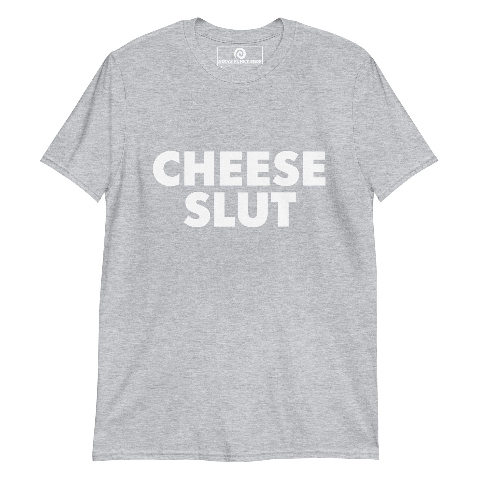 White Cheese Slut T-Shirt - Are you a cheese slut? Eat cheese in our Cheese Slut T-Shirt! This funny cheese t-shirt is perfect for everyday streetwear or a sarcastic gift for a cheese lover. Its a soft and comfortable t-shirt with a cheese quote, expertly printed on the front. Stand out in our sarcastic graphic tees and funny foodie apparel.