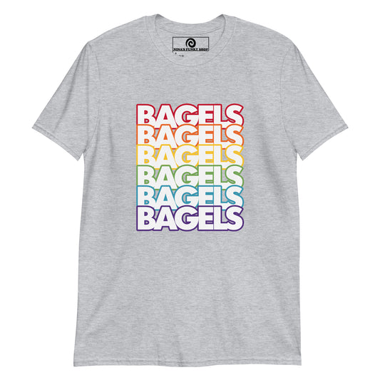 Gray Rainbow Bagels T-Shirt - Love bagels? This Rainbow Bagel T-Shirt is soft, comfortable and perfect for everyday streetwear. It's a classic cotton T-Shirt with bright pride colors for bagel enthusiasts and foodies of all kinds. Stand out in our colorful graphic tees and funny foodie apparel. 