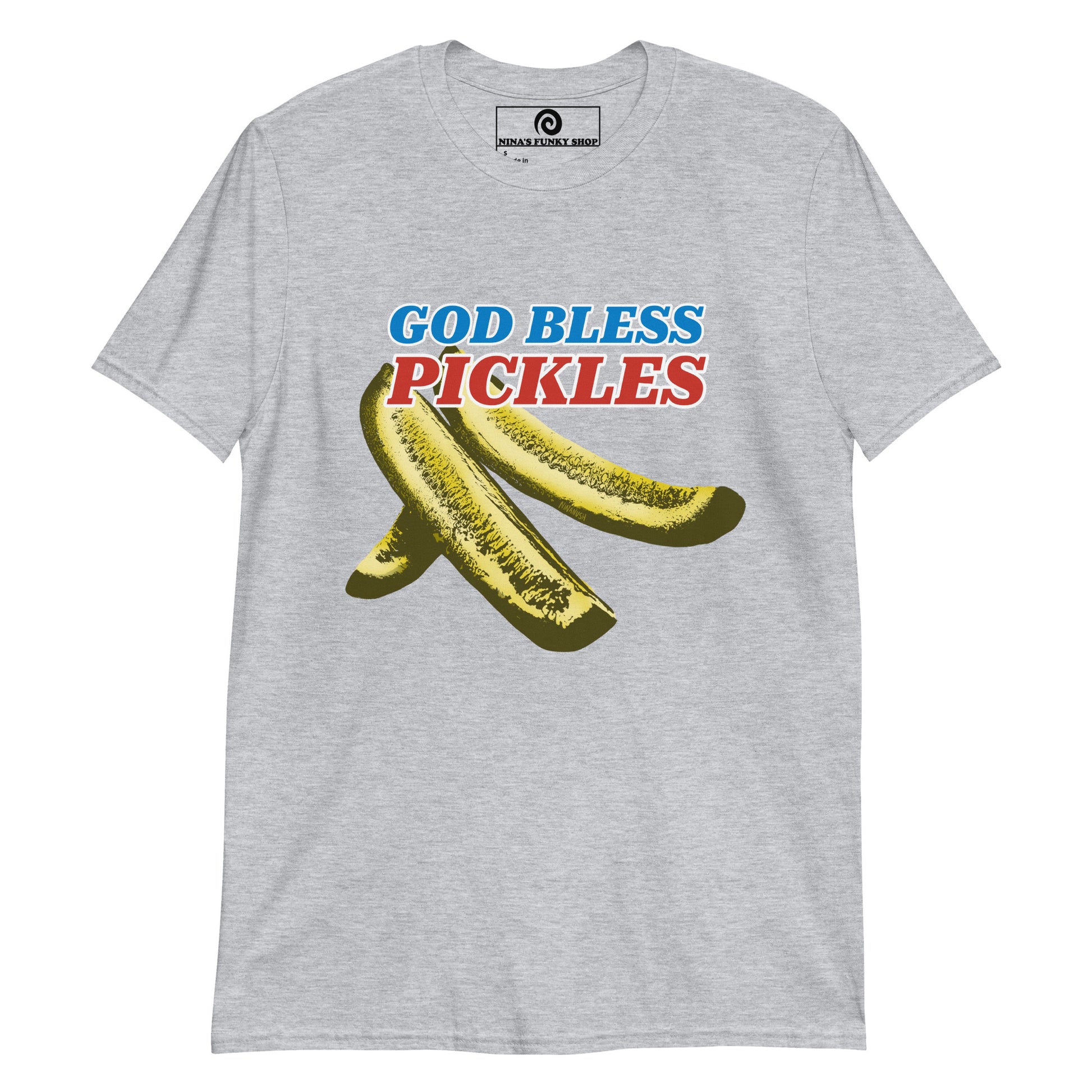 Gray T-Shirt with Red White and Blue Pickles Design - Love pickles? Looking for the perfect fourth of July T-Shirt? This pickles shirt is just what you need. It's a classic cotton graphic tee with a funny red, white and blue design. The perfect shirt for pickles lovers and foodies of all kinds. Wear it as everyday streetwear, a or give it as a gift for a pickle enthusiast.