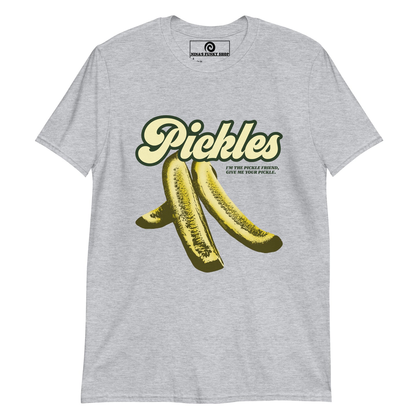 Gray Pickle Shirt with Green Pickle Design - I'm the pickle friend, give me your pickle - Eat pickles in style with this quirky t-shirt for pickle enthusiasts and foodies. It's a classic cotton t-shirt with a funny quote about pickles printed on the front in pickle green. If you're a passionate pickle aficionado, this funny foodie shirt is just what you need.