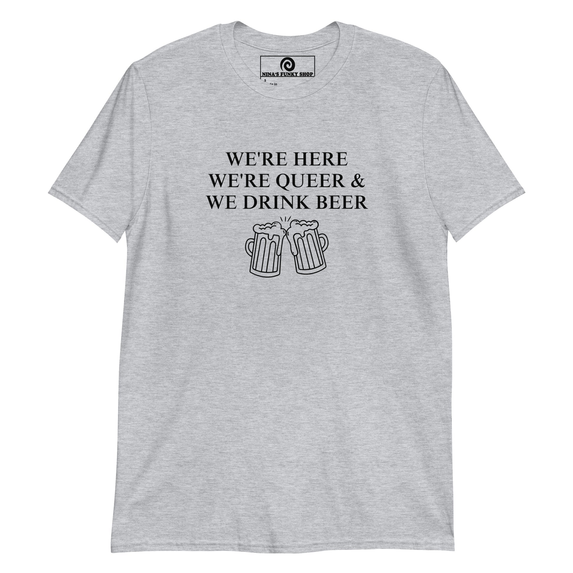 Gray We're Here We're Queer and We Drink Beer graphic tee - Are you queer and love beer? Looking for the perfect party t-shirt for pride? This t-shirt is soft, comfortable and made just for you. It's a classic cotton tee with a funny lgbtq design, expertly printed on the front. Looking for something personalized? Shoot us an email!