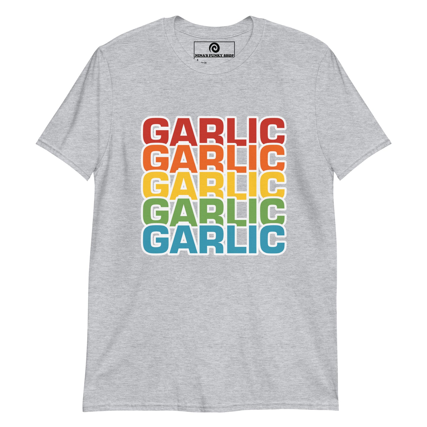 Light Gray Garlic T-Shirt - A cotton T-Shirt with the word "garlic" printed in bold colors on the front. It's soft, comfortable and made just for you and your favorite garlic enthusiast. This funny food shirt is designed for garlic lovers and makes a unique gift and unusual shirt for foodies of all kinds. Eat garlic in our food lover apparel.