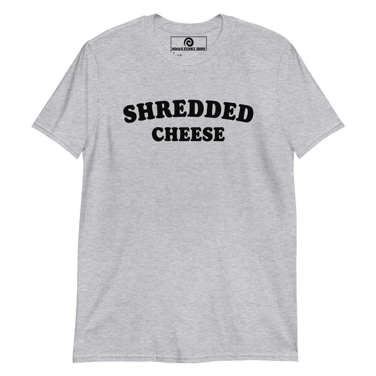 Light Gray Shredded Cheese T-Shirt - Love shredded cheese? Looking for a gift for a cheese enthusiast? This funny foodie t-shirt is just what you need. It's a classic cotton varsity style tee with "shredded cheese", expertly printed on the front. Make a statement and eat your favorite shredded cheese from the bag.