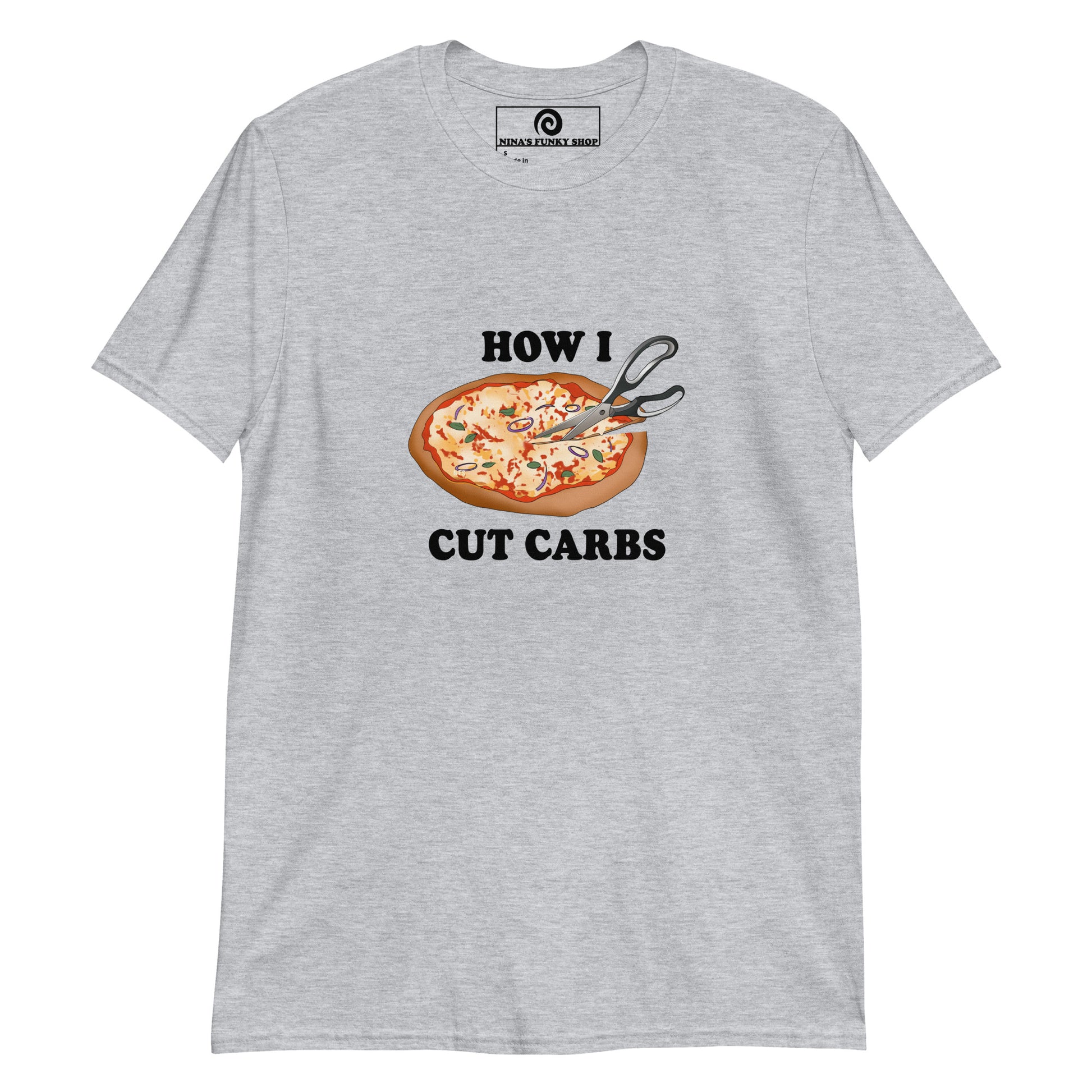 Gray Funny Diet T-shirt - The only way we know how to cut carbs. Our "How I Cut Carbs T-Shirt" is soft, comfortable and just what you need. It's a classic cotton t-shirt with a funny pizza design, expertly embroidered on the front. Make a statement and eat your favorite carbs in this sarcastic anti-diet t-shirt.