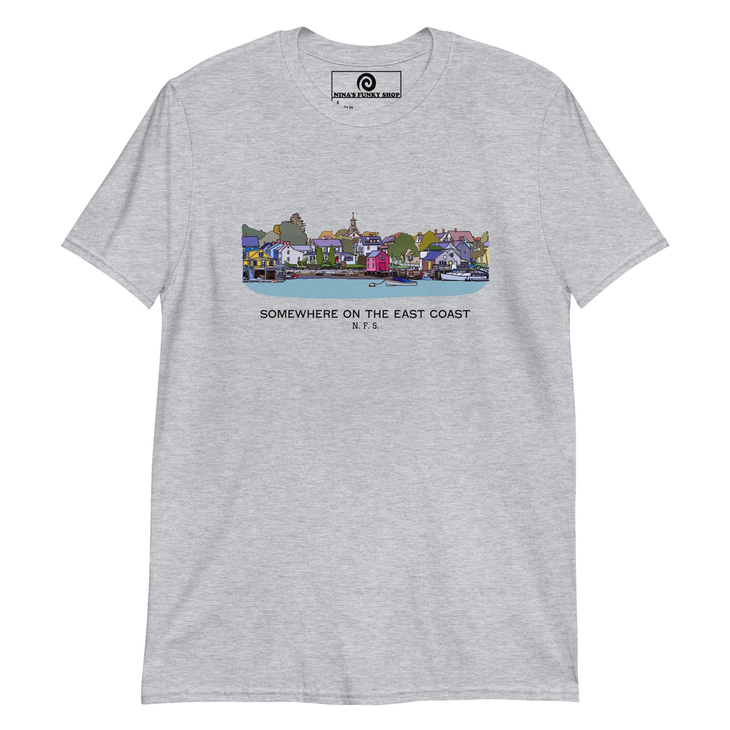 Gray - This classic cotton t-shirt has a unique design of Portsmouth, New Hampshire on the New England seacoast. It's a soft and comfortable t-shirt, designed by Nina and made just for you.