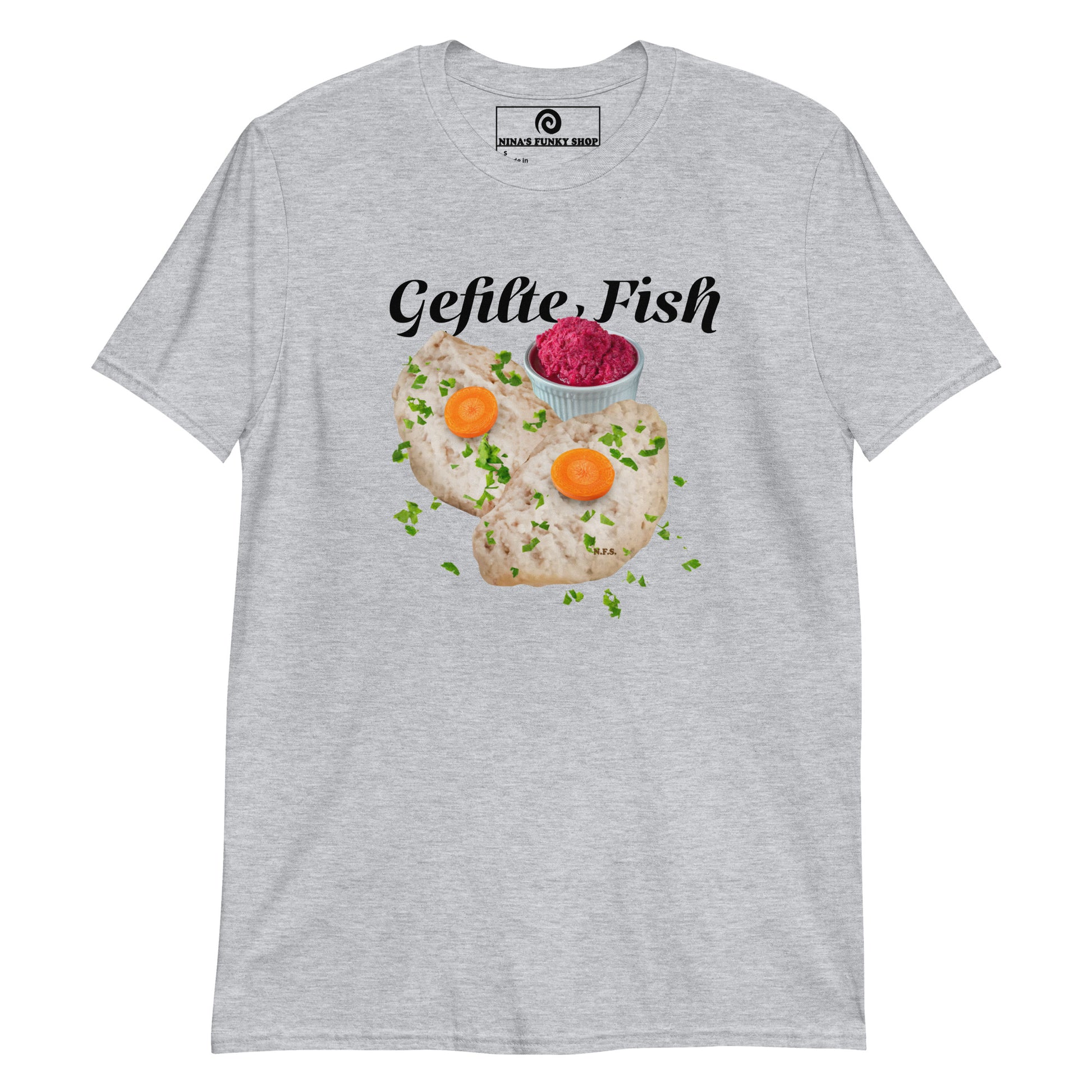 Gray Gefilte Fish T-Shirt - Our Gefilte Fish T-Shirt is soft, comfortable, and made just for you. It's a classic cotton graphic tee with gefilte fish, expertly printed on the front. A funny food t-shirt for Jews, foodies and Gefilte fish lovers and haters alike.

