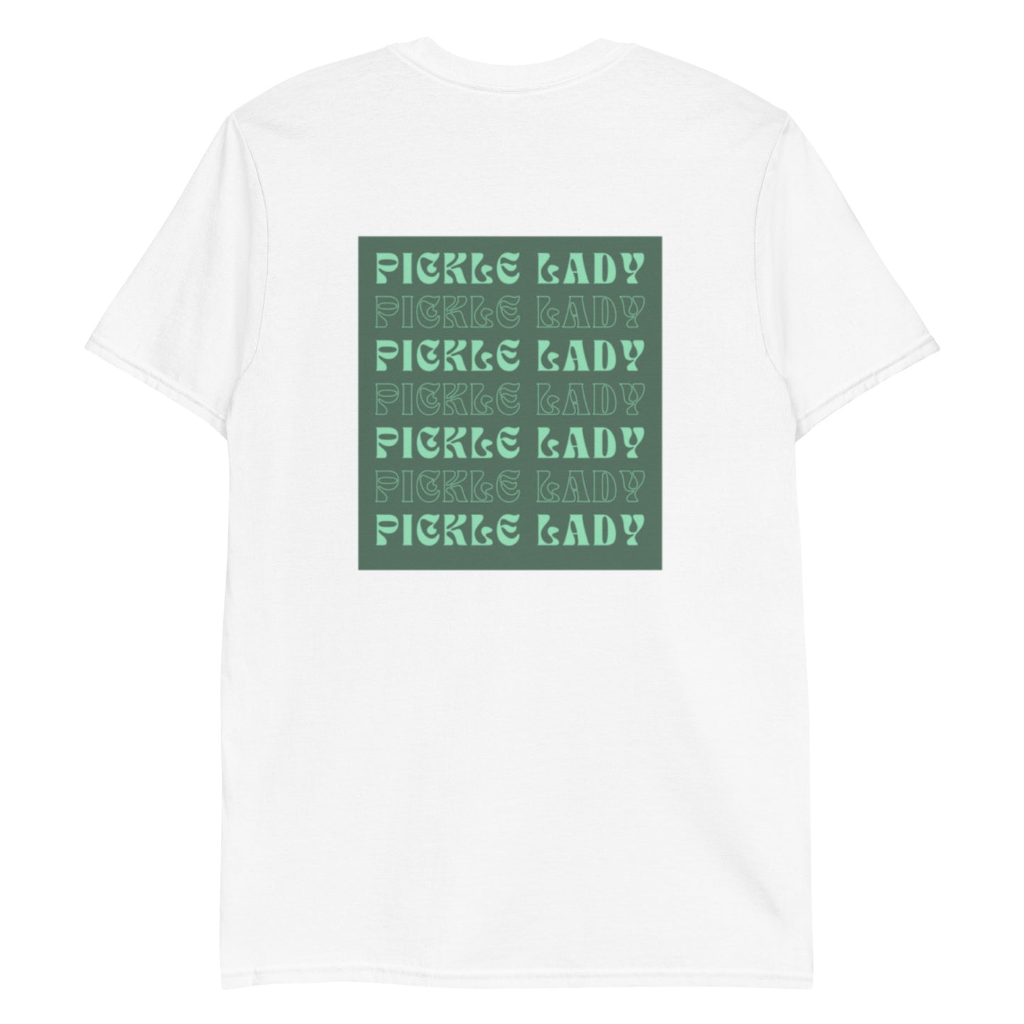 White T-Shirt with Pickle Lady Design - Are you a pickle lady? Looking for a gift for a pickle enthusiast? Our funky Pickle Lady T-Shirt is just what you need. It's a soft and comfortable cotton tee that comes in a variety of colors with a green pickle lady design on the back and a unique pickle spears design on the front. Make a statement and eat your favorite pickles in this funny pickle shirt. 