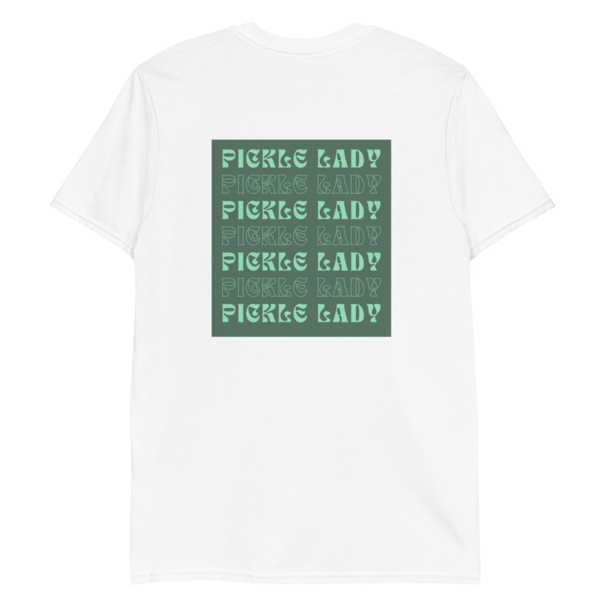 White T-Shirt with Pickle Lady Design - Are you a pickle lady? Looking for a gift for a pickle enthusiast? Our funky Pickle Lady T-Shirt is just what you need. It's a soft and comfortable cotton tee that comes in a variety of colors with a green pickle lady design on the back and a unique pickle spears design on the front. Make a statement and eat your favorite pickles in this funny pickle shirt. 