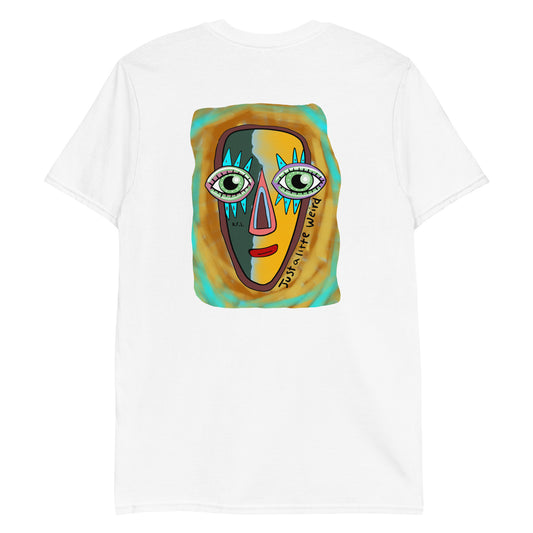 White T-Shirt with Funky Face Design - A soft and comfortable t-shirt with a funky face design, expertly printed on the front and back. It's a weird tee that's unique and designed by Nina. Looking for something personalized? Shoot us an email!