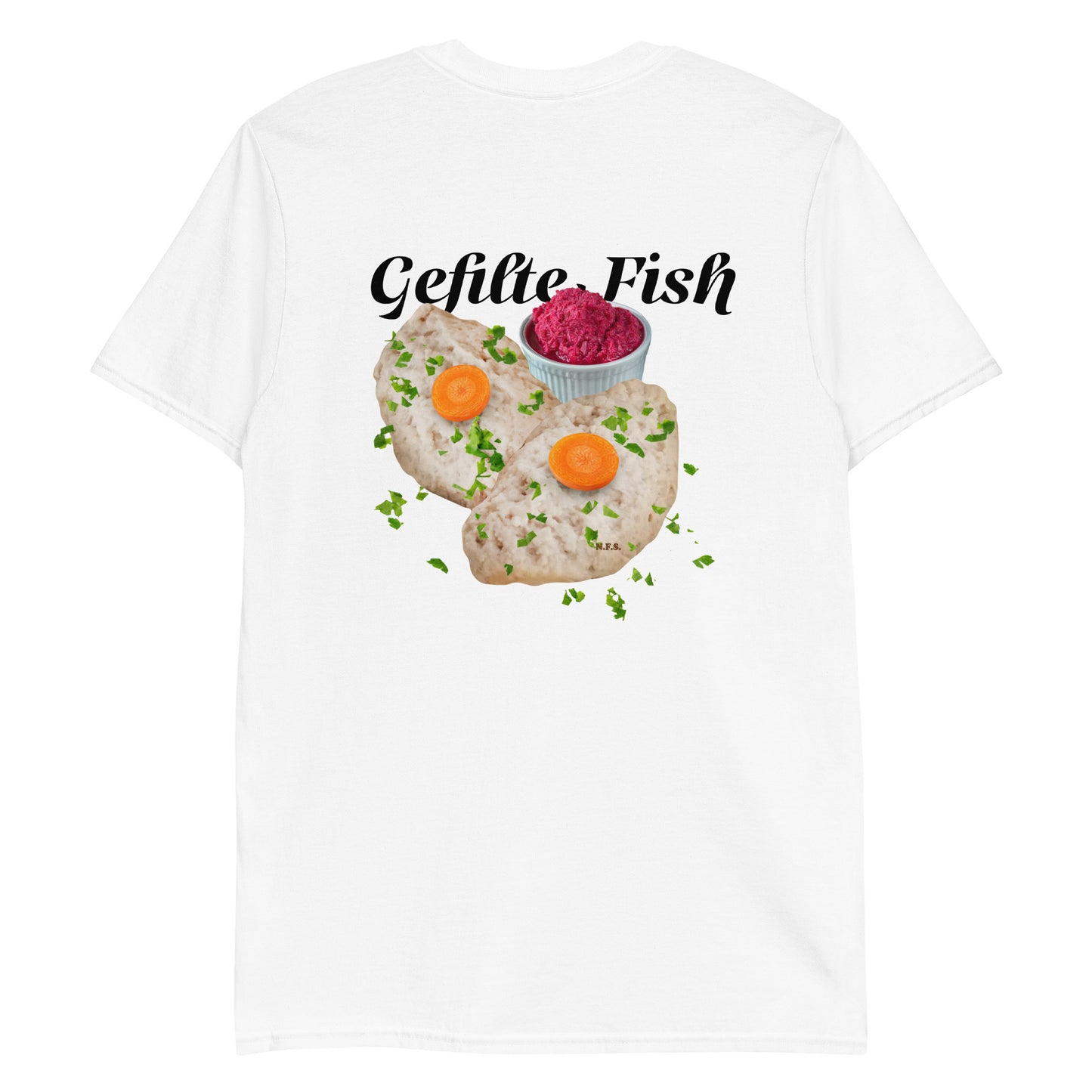 White Gefilte Fish Shirt - Love gefilte fish? Looking for a funny gift for an Ashkenazi? Our Gefilte Fish T-Shirt is just what you need. It's soft and comfortable with a unique Gefilte Fish Design, expertly printed on the front. 
