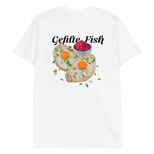 White Gefilte Fish Shirt - Love gefilte fish? Looking for a funny gift for an Ashkenazi? Our Gefilte Fish T-Shirt is just what you need. It's soft and comfortable with a unique Gefilte Fish Design, expertly printed on the front. 
