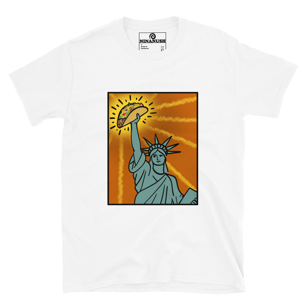 White shirt for taco lovers and nyc gift - A funny taco t-shirt with the Statue of Liberty holding a taco. This weird NYC shirt for taco lovers and foodies, showcases your love for tacos and the Big Apple. With its colorful, funky, hand-drawn design, this unique streetwear tee stands out. Make a statement, look good, and eat tacos with this eye-catching foodie shirt.