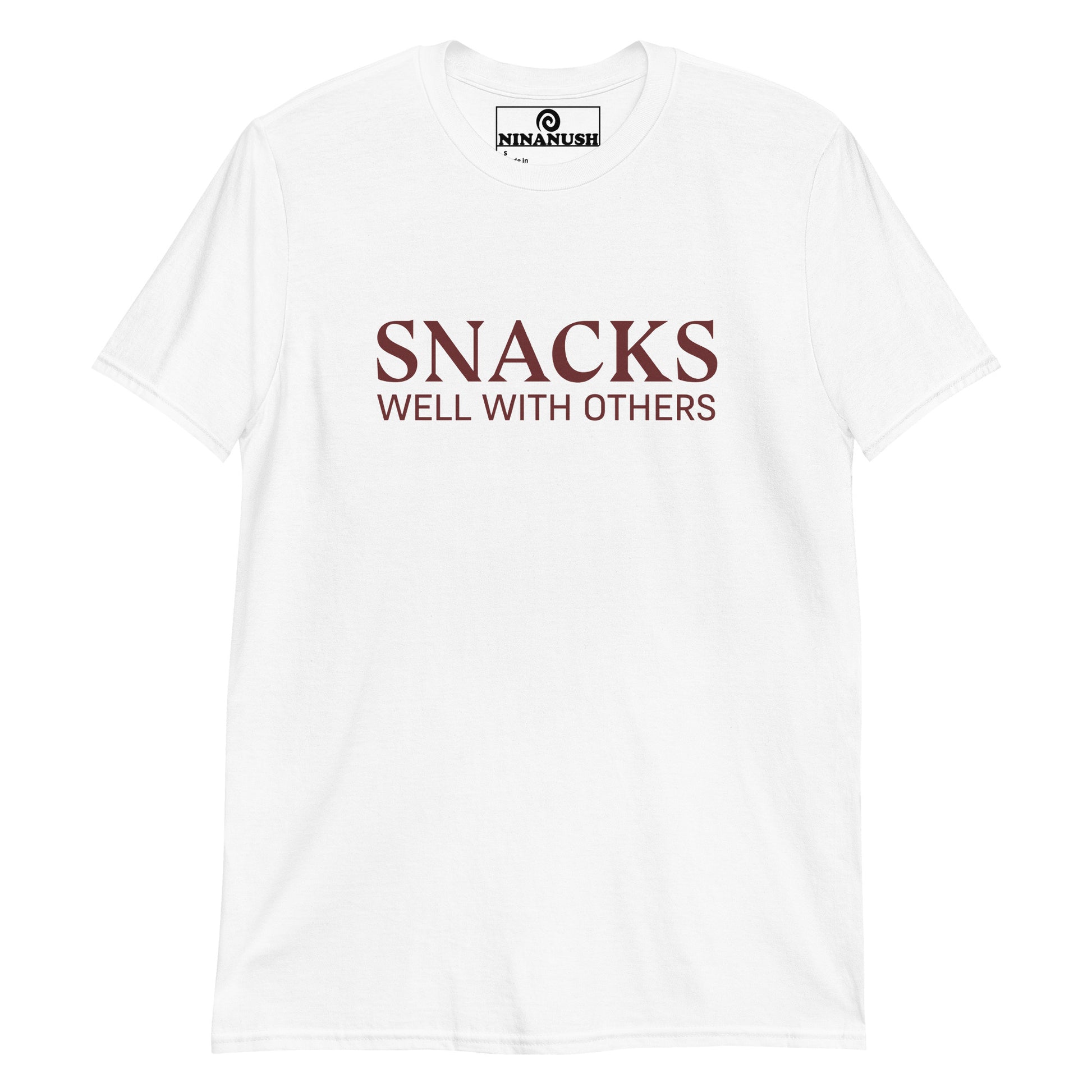 White snack lover t-shirt - Snacks well with others! A classic cotton tee with a funny snack lover saying on the front. This funny food t-shirt is designed for snack enthusiasts and made just for you. Embrace your inner snack monster and let your passion shine with this eye-catching social snacker graphic tee. Eat snacks in our funny snack tee.