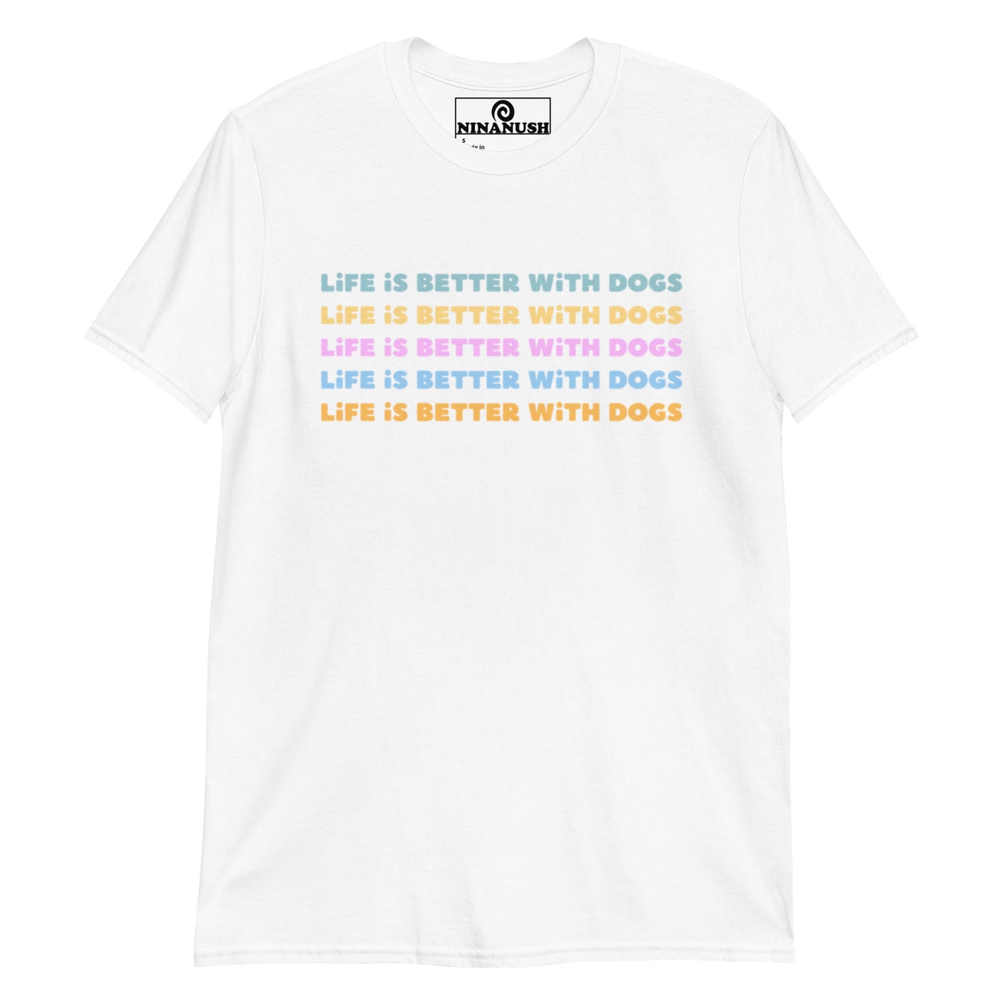 White t-shirt for dog lovers - Life is better with dogs! This colorful and cute dog lover t-shirt is designed for dog enthusiasts with a positive dog saying. It's a classic cotton t-shirt for dog parents and dog lovers of all kinds. Pet dogs in this eye-catching dog lover graphic tee or give this animal lover t-shirt as a gift for a dog parent.