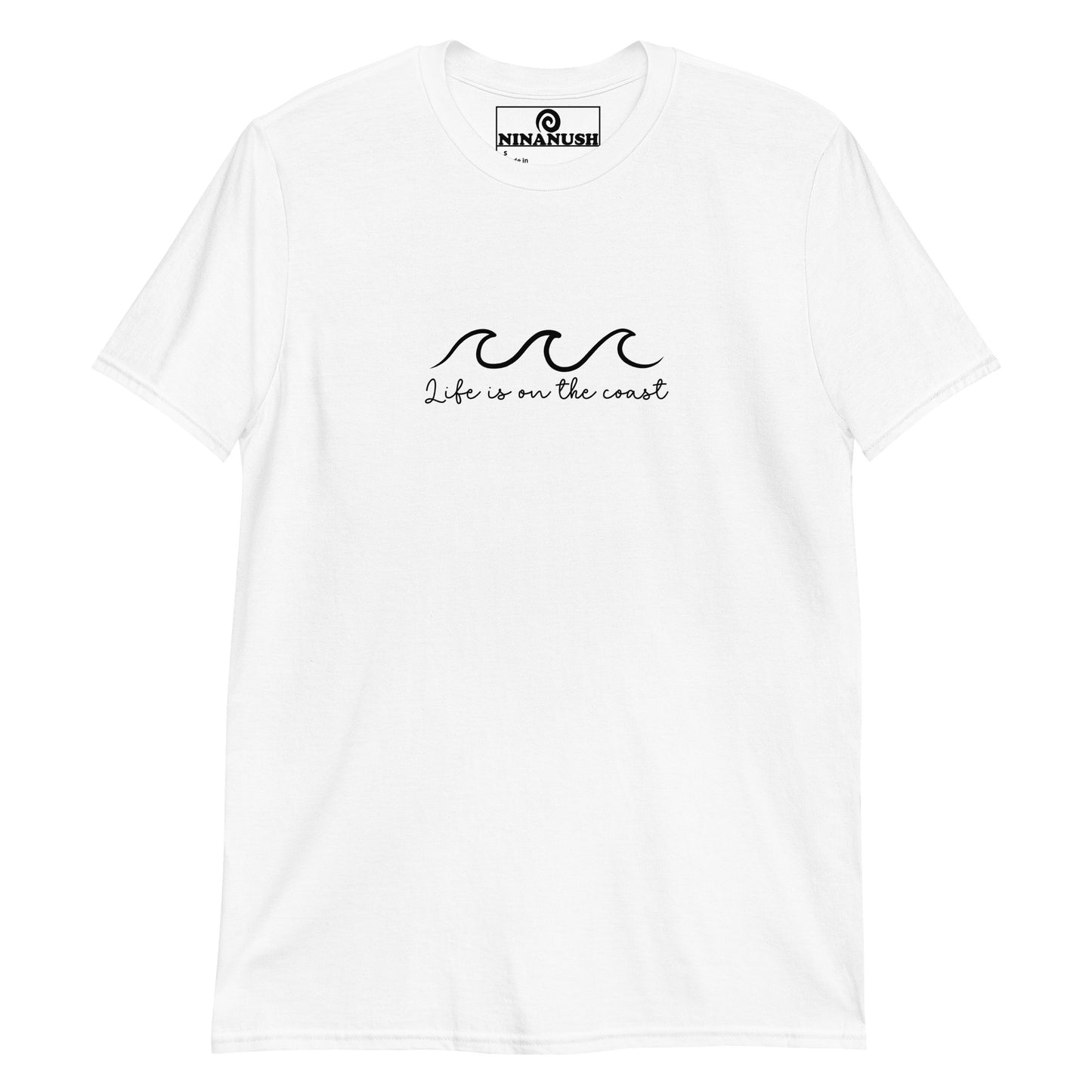 White seacoast life t-shirt - "Life is on the coast" A cotton T-Shirt with a simple coastal quote and wave on the front. This coast life shirt is designed for ocean lovers and made just for you and your favorite beach enthusiast. Celebrate the seacoast in this unique tee, give it as a gift for seacoast lovers or shop our New England foodie apparel.