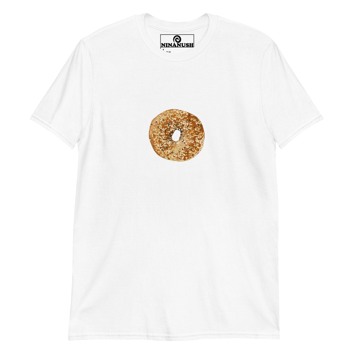 White everything bagel tee- A unique everything bagel shirt for bagel enthusiasts. It's a cotton t-shirt with an everything bagel printed on the front. The perfect funny foodie shirt for bagel lovers or gift for foodie. Eat bagels in this statement bagel shirt or find the perfect funny bagel graphic tee or accessory in our bagel lover apparel.