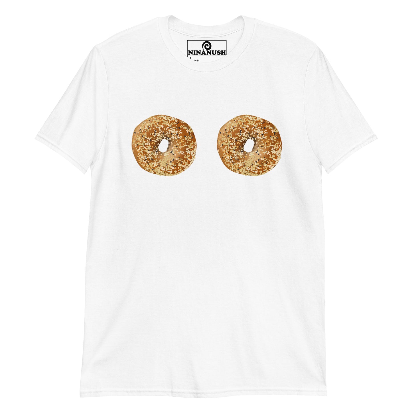 White bagel boob shirt -A bagel lover t-shirt with two everything bagels on the boobs. It's a unique bagel graphic tee that's soft, comfortable and made just for you. Wear this statement foodie tee or give it as a funny gift for a bagel enthusiast. Celebrate your favorite foods in our bagel lover clothing and accessories.