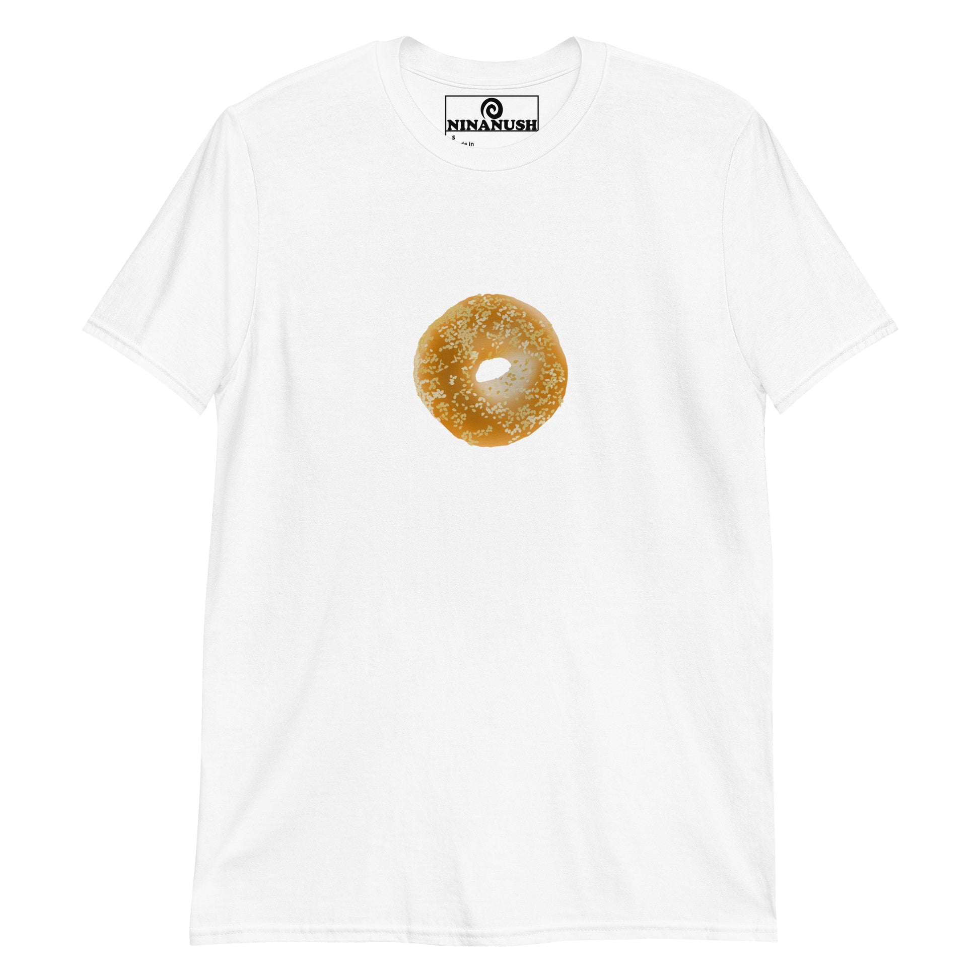 White sesame bagel graphic tee - A sesame bagel printed on a classic cotton t-shirt. It's a soft and comfortable shirt for bagel enthusiasts. This funny food shirt is designed for bagel addicts and makes a statement gift for bagel lovers and unusual shirt for foodies of all kinds. Eat your favorite sesame bagel in this unique bagel graphic t-shirt. 