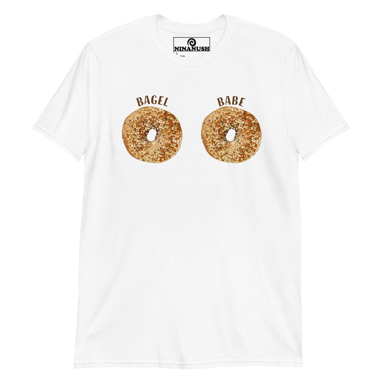 White bagel babe bagel boobs shirt - Two everything bagels with the words "BAGEL BABE" printed on the breasts of a classic cotton tee. It's soft, comfortable and made just for you and your favorite bagel enthusiast. This funny bagel shirt is designed for bagel lovers and makes a quirky gift for foodies of all kinds. Eat bagels in this bagel boobs shirt.