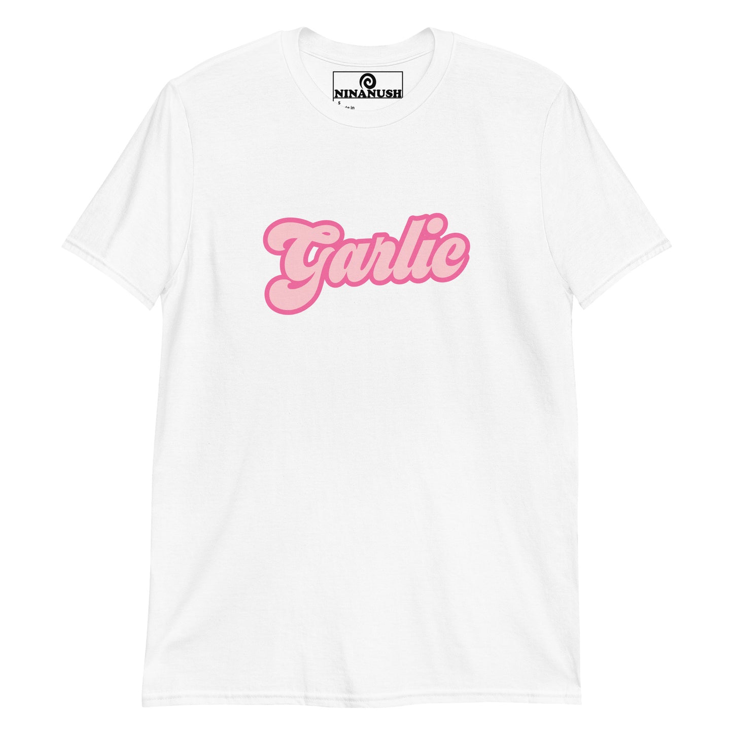 White and pink weird barbie shirt for garlic lovers - A funny Barbie t-shirt for foodies. It's a classic cotton tee with "Garlic" printed in pink. It's a weird graphic tee for garlic enthusiasts that stands out. This funny garlic t-shirt makes a gift for garlic lovers and a quirky shirt for foodies of all kinds. Eat garlic in unique garlic lover statement t-shirt.