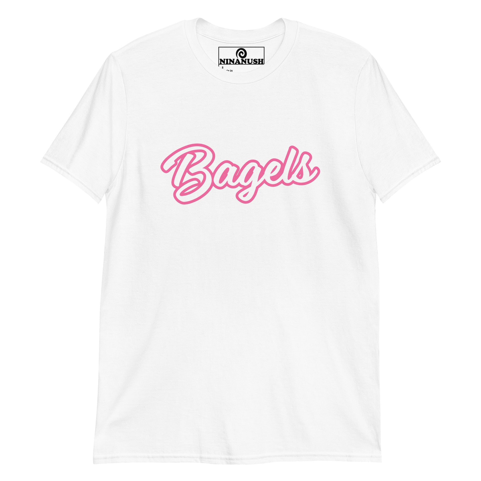 White Barbie t-shirt for bagel lovers - A funny Barbie style t-shirt for bagel lovers. It's a classic cotton tee with the word "Bagels" printed in pink and white on the front. It's soft, comfortable and made just for you and your favorite bagel enthusiast. This funny bagel t-shirt makes a unique gift for bagel lovers and a quirky shirt for foodies of all kinds. 