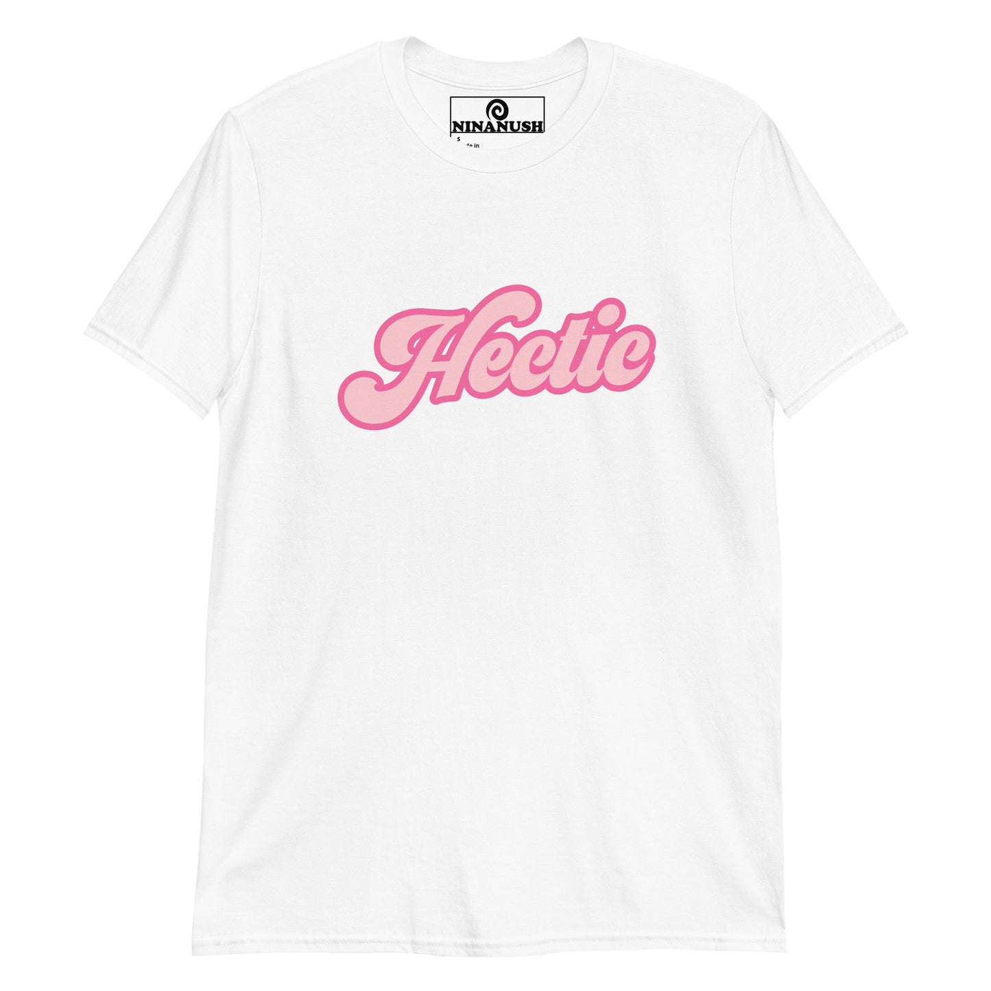 White hectic t-shirt - A classic cotton tee with the word "Hectic" printed on the front in pink. It's a unique t-shirt that's soft, comfortable and made just for you. Stand out in this hectic graphic tee or give it as a funny gift for a hectic friend. It's a weird statement shirt that you can't find anywhere else. Stay hectic in style.