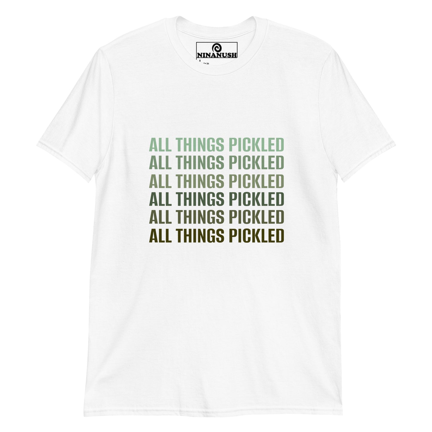 White all things pickled t-shirt - A classic cotton T-Shirt for passionate pickle enthusiasts with "ALL THINGS PICKLED" printed in shades of pickle green on the front. It's a soft, comfortable pickle lover graphic tee that's designed for foodies and made just for you. This funny food tee makes a funny gift for pickle lovers and unique tee for foodies.