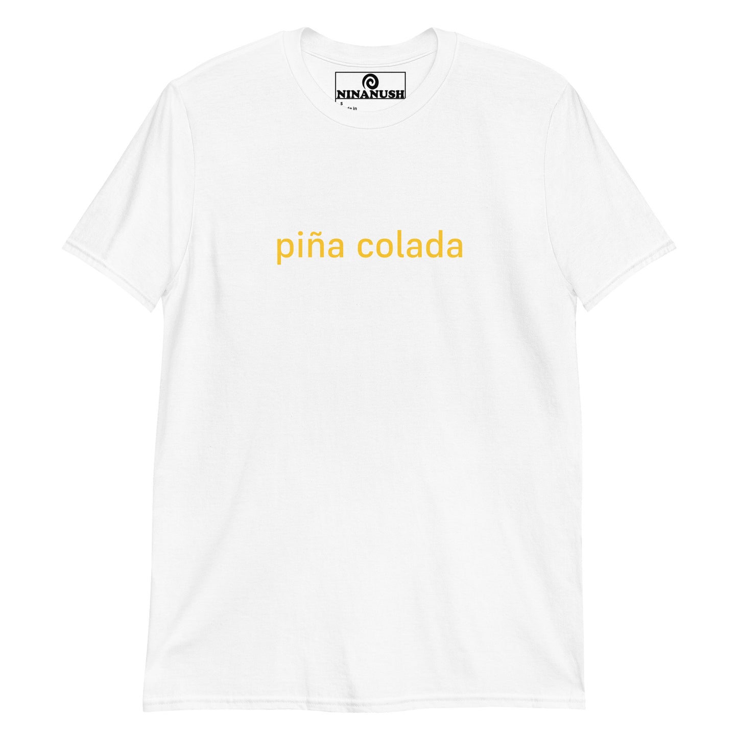 White and yellow pina colada tshirt - A classic cotton T-Shirt with the words "Piña Colada" printed in yellow letters on the front. It's a soft, comfortable cocktail enthusiast t-shirt that's designed for foodies and made just for you. This piña colada shirt makes a unique gift for coconut and pineapple lovers and unusual graphic tee for foodies of all kinds.