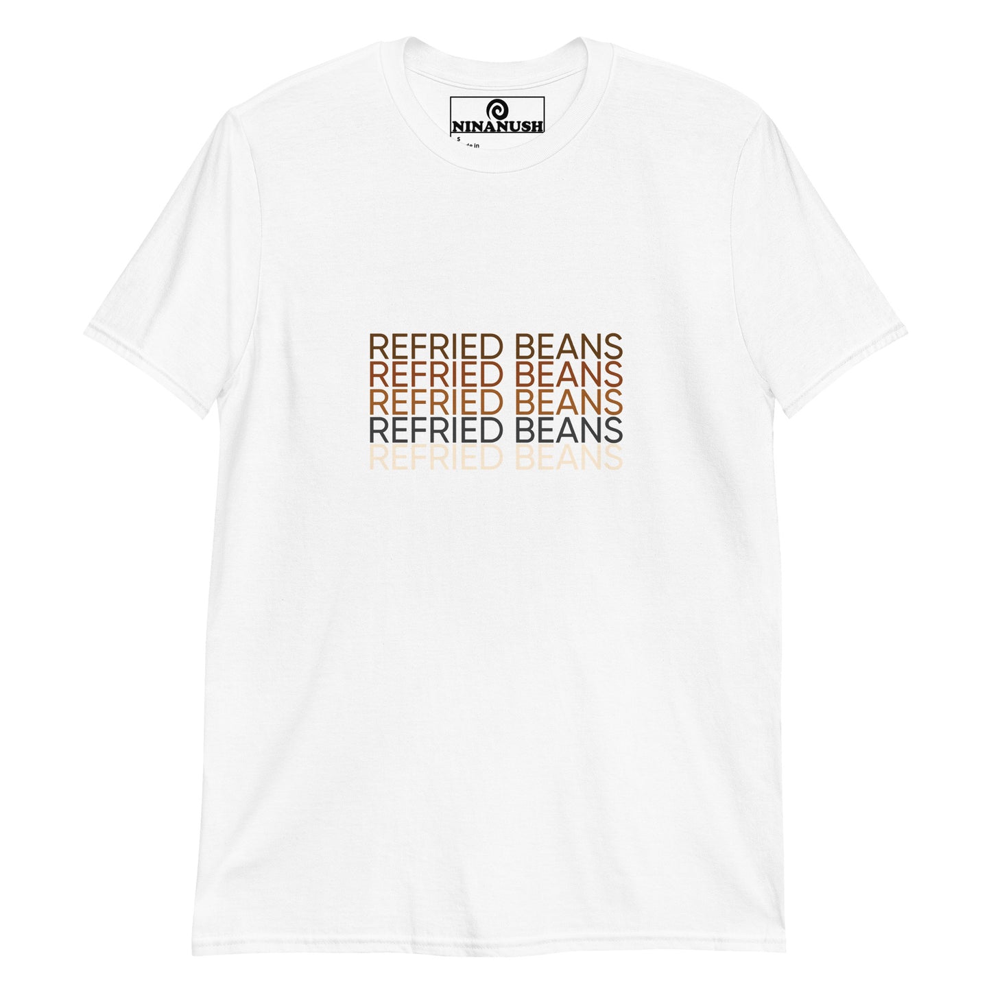 White refried beans t-shirt - Eat your favorite refried beans in style with this statement t-shirt for bean enthusiasts and foodies of all kinds. It's a classic cotton t-shirt with the words "refried beans" printed on the front in shades of brown. If you're a passionate refried bean aficionado, this funny foodie shirt is just what you need.