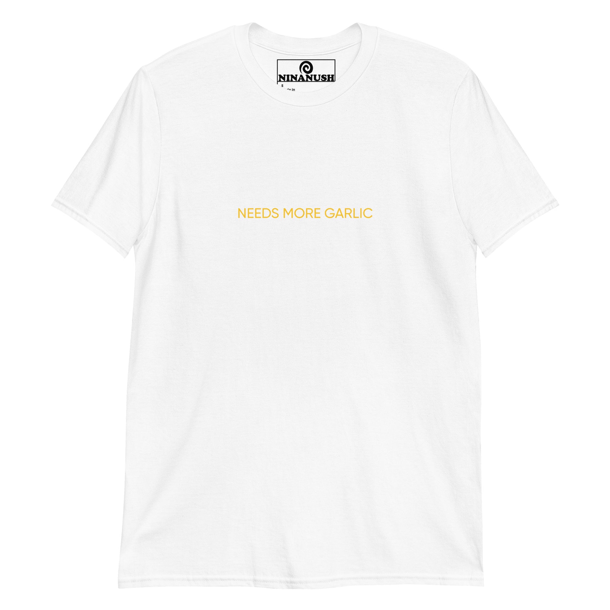 White and yellow needs more garlic t-shirt from Nina's Funky Shop by ninanush - Attention all garlic enthusiasts! We have the perfect shirt for you This quirky t-shirt is designed for the garlic lover in you. Eat your favorite garlicky foods in style with this funny foodie shirt. It's a cotton shirt that's soft and comfortable with an eye catching yellow design for passionate garlic lovers.