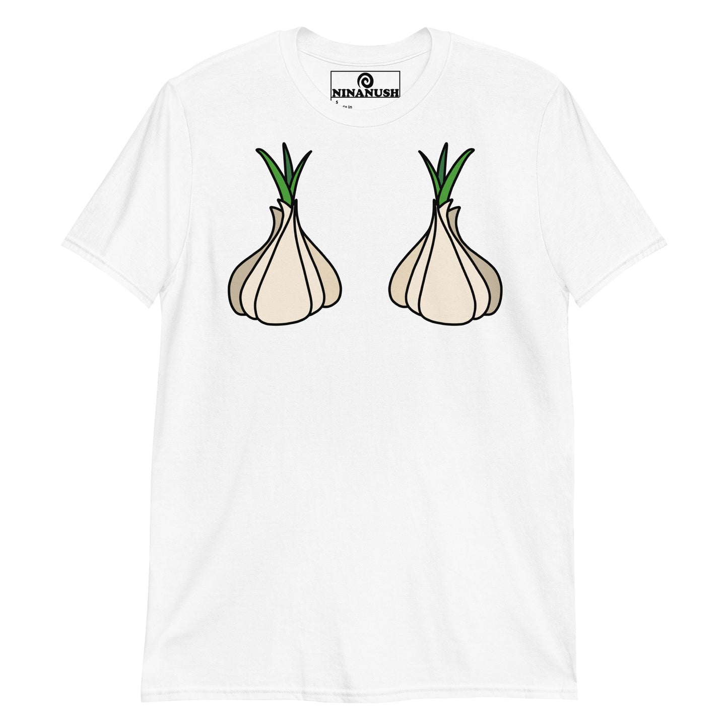 White garlic boobs t-shirt from Nina's Funky Shop by ninanush - This funny garlic head shirt is designed for garlic lovers and made for you. It's a a soft and comfortable cotton t-shirt with garlic on the chest. A unique foodie t-shirt designed for passionate garlic aficionados. Wear this garlic boob t-shirt on everyday outings or give it as a funny gift for a garlic enthusiast.