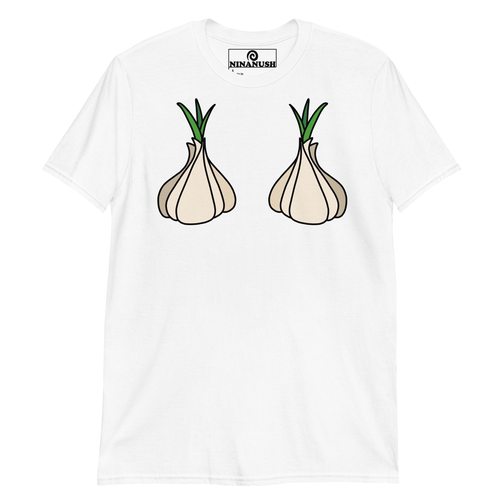 White garlic boobs t-shirt from Nina's Funky Shop by ninanush - This funny garlic head shirt is designed for garlic lovers and made for you. It's a a soft and comfortable cotton t-shirt with garlic on the chest. A unique foodie t-shirt designed for passionate garlic aficionados. Wear this garlic boob t-shirt on everyday outings or give it as a funny gift for a garlic enthusiast.