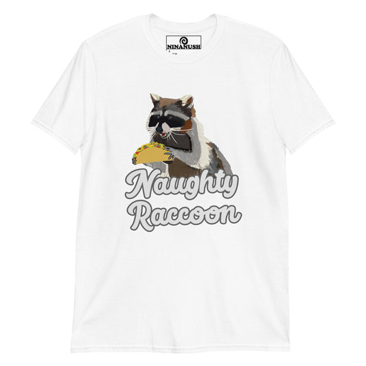 White naughty raccoon shirt from Nina's Funky Shop by ninanush - This naughty raccoon shirt is designed for raccoon lovers, taco aficionados and made just for you. It's a a soft and comfortable cotton t-shirt with the words "naughty raccoon" and a unique raccoon holding a taco. Wear this funny foodie t-shirt on everyday outings or give it as a funny gift for a raccoon enthusiast.