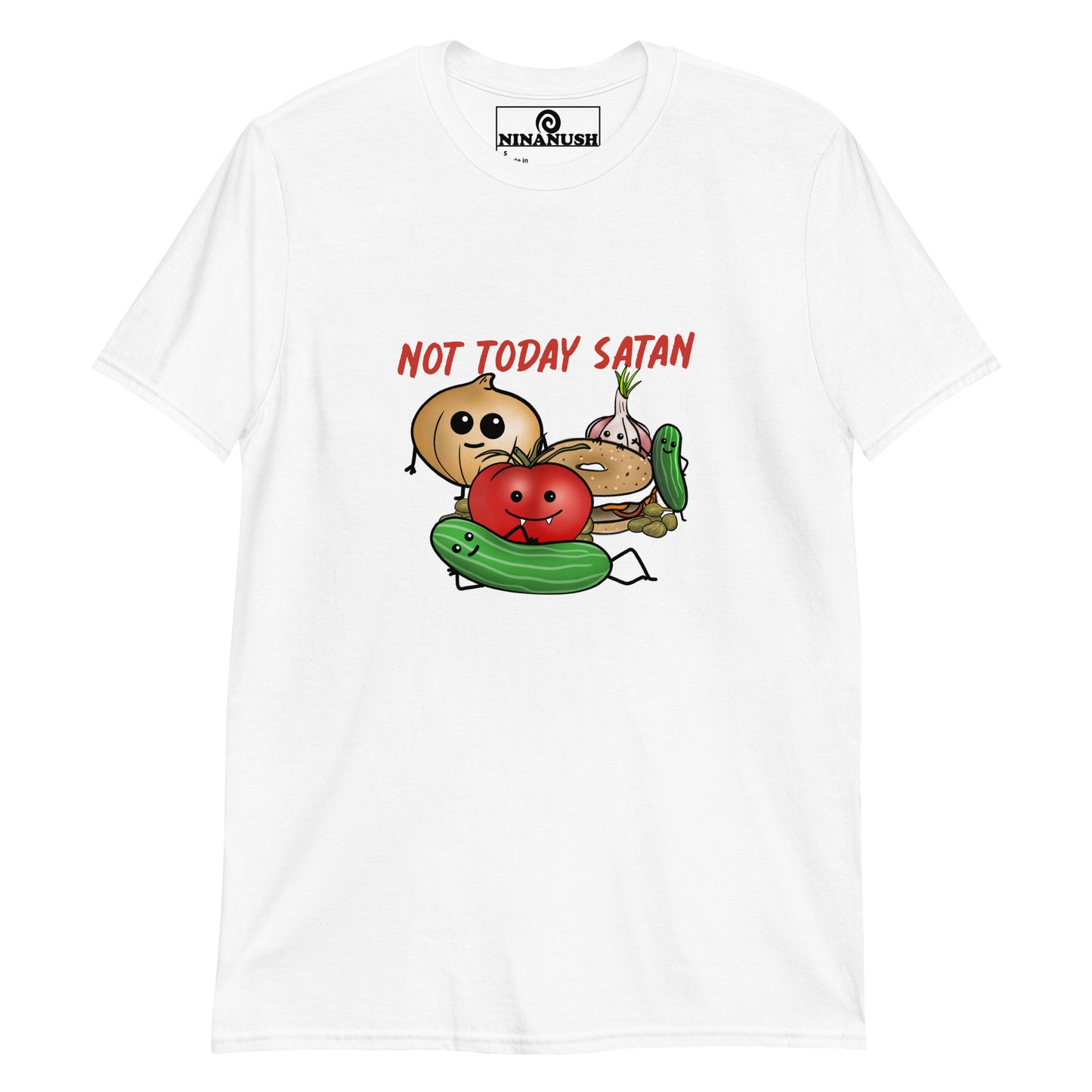 White not today satan t-shirt with cute veggies and bagel from Nina's Funky Shop by ninanush - "Not Today Satan" This funny everything bagel and veggies t-shirt is soft, comfortable and made just for you with the words "Not today Satan" printed in red. It's a unique foodie t-shirt designed for passionate bagel aficionados and quirky t-shirt lovers of all kinds. 