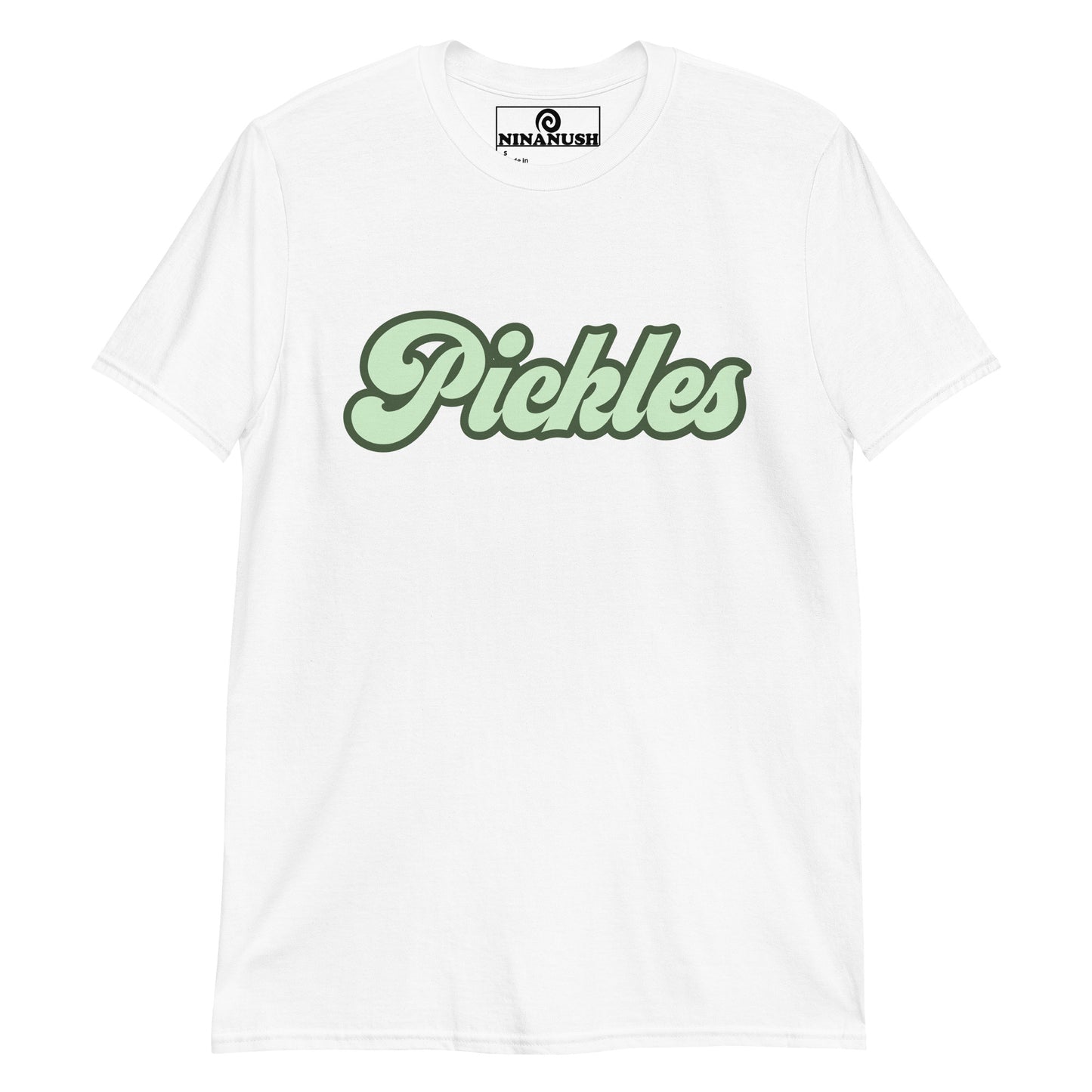 White pickles t-shirt from Nina's Funky Shop by ninanush - This funny pickle lover t-shirt is soft, comfortable & made just for you with the word "Pickles" printed in a vintage green design. It's a unique foodie t-shirt designed for passionate pickle enthusiasts and quirky t-shirt lovers of all kinds. Eat pickles in this weird pickle tee or give it as a gift for a pickle lover.