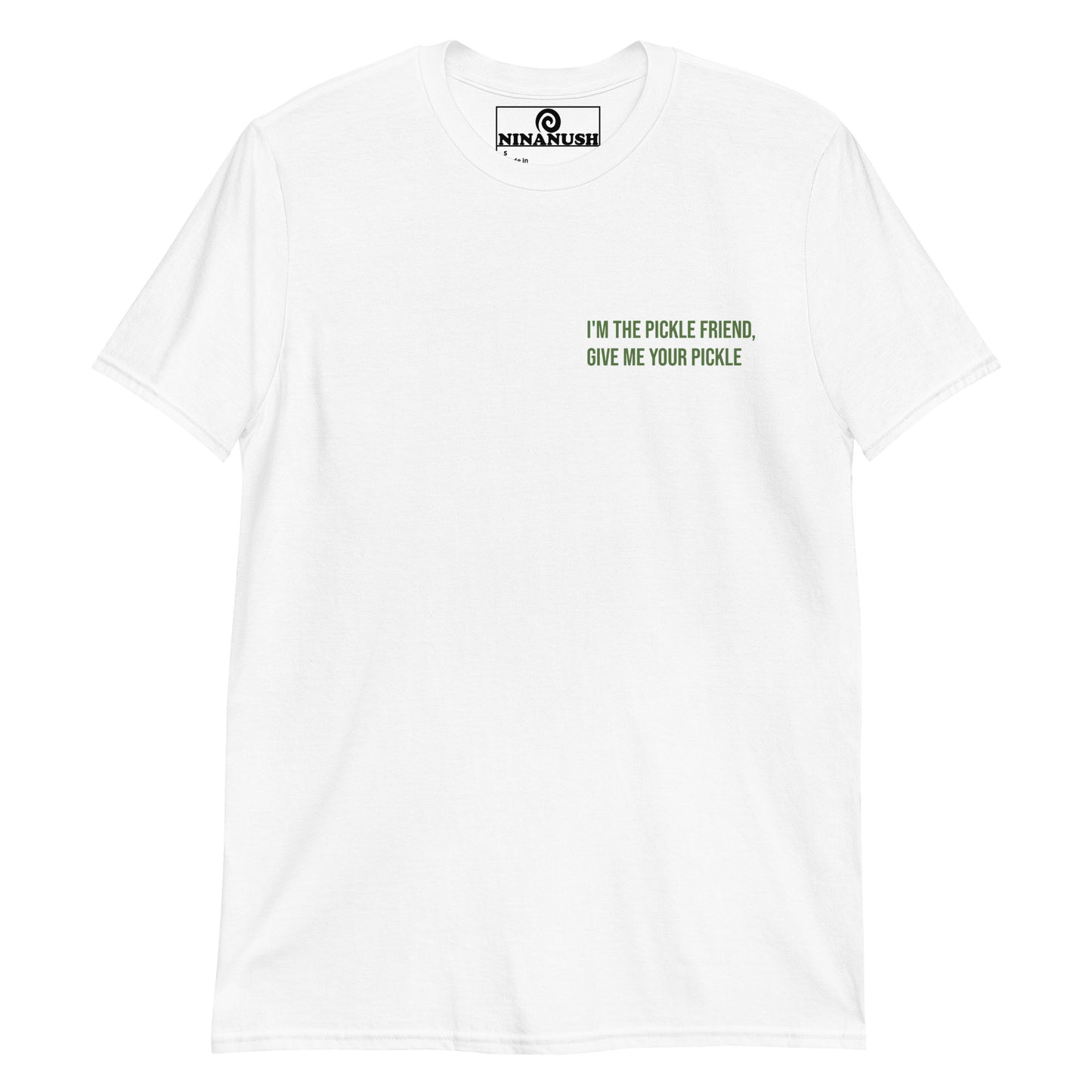 White I'm the pickle friend t-shirt from Nina's Funky Shop by ninanush - "I'm the pickle friend, give me your pickle" This pickle lover t-shirt has a funny pickle saying on the front. It's a unique foodie t-shirt designed for passionate pickle enthusiasts and quirky t-shirt lovers of all kinds. Make a statement and eat your friends pickles or give it as a gift for a fellow pickle aficionado.