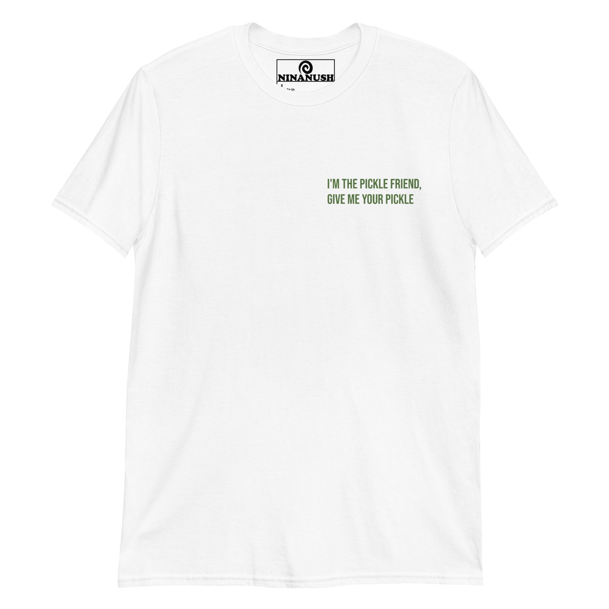 White I'm the pickle friend t-shirt from Nina's Funky Shop by ninanush - "I'm the pickle friend, give me your pickle" This pickle lover t-shirt has a funny pickle saying on the front. It's a unique foodie t-shirt designed for passionate pickle enthusiasts and quirky t-shirt lovers of all kinds. Make a statement and eat your friends pickles or give it as a gift for a fellow pickle aficionado.