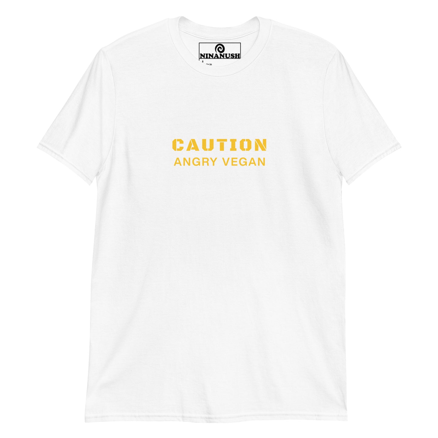 White caution angry vegan t-shirt from Nina's Funky Shop by ninanush - This funny vegan activist t-shirt is soft, comfortable and made just for you with the words "Caution Angry Vegan" printed in yellow on the front. It's a unique vegan t-shirt for people with a conscience and a sense of humor. Wear it as an everyday unique vegan tee or give it as a gift for a plant based friend.