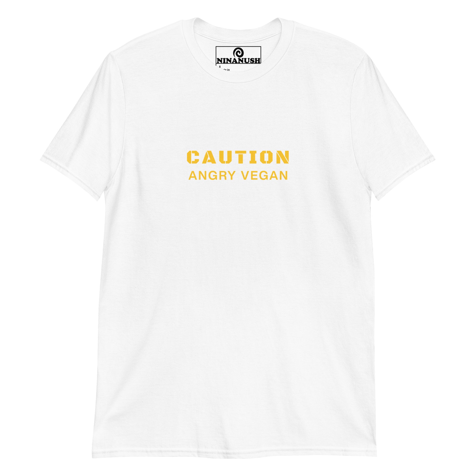 White caution angry vegan t-shirt from Nina's Funky Shop by ninanush - This funny vegan activist t-shirt is soft, comfortable and made just for you with the words "Caution Angry Vegan" printed in yellow on the front. It's a unique vegan t-shirt for people with a conscience and a sense of humor. Wear it as an everyday unique vegan tee or give it as a gift for a plant based friend.