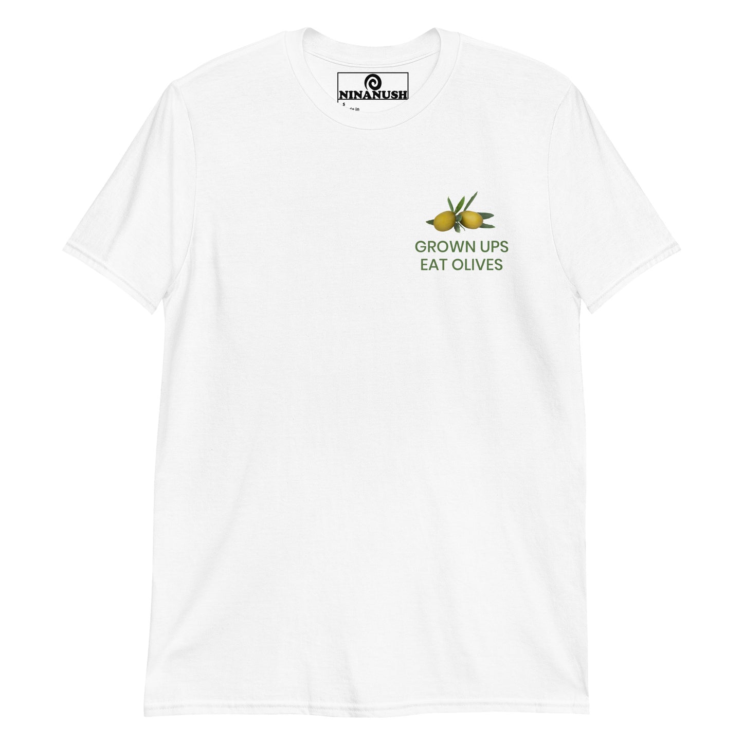 White grown ups eat olives t-shirt from Nina's Funky Shop by ninanush - A quirky cotton tee with a green olive design and a funny saying about olives. It's the perfect funny t-shirt for olive lovers and foodies of all kinds or a sarcastic t-shirt for olive haters. Make a bold statement with this funny food t-shirt or give it as a weird and unique gift to your favorite olive enthusiast.