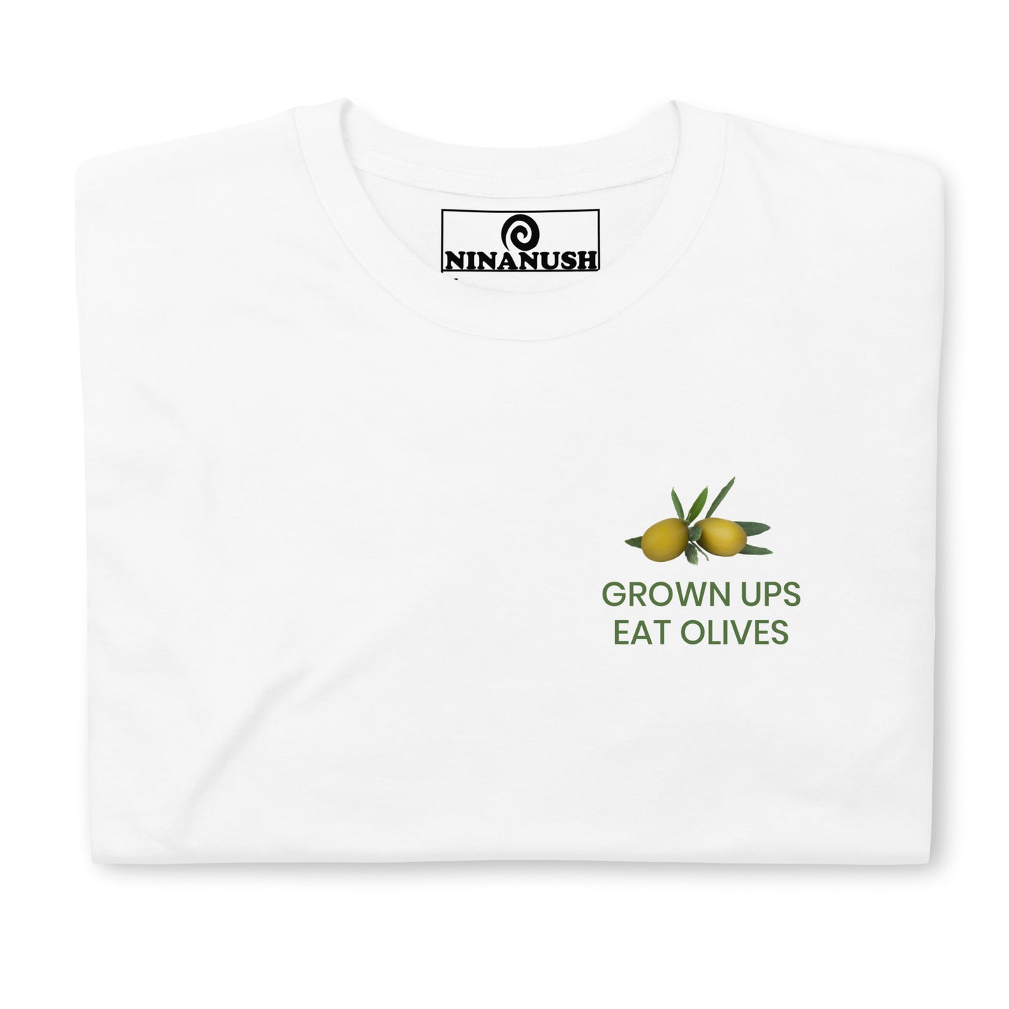 White grown ups eat olives t-shirt from Nina's Funky Shop by ninanush - A quirky cotton tee with a green olive design and a funny saying about olives. It's the perfect funny t-shirt for olive lovers and foodies of all kinds or a sarcastic t-shirt for olive haters. Make a bold statement with this funny food t-shirt or give it as a weird and unique gift to your favorite olive enthusiast. 